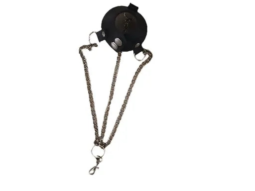 Black leather pouch with metal chain for stretching the balls.