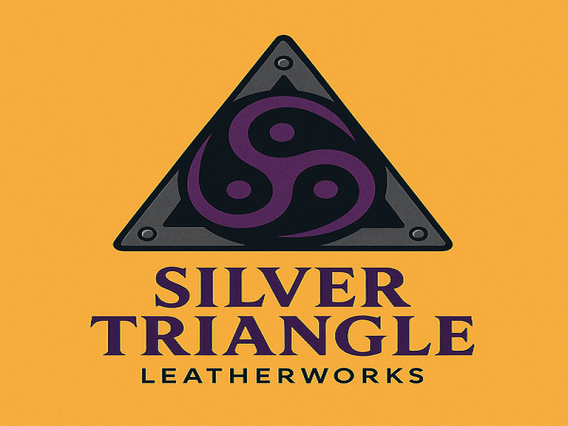 Silver Triangle Leatherworks logo orange background with a silkver triangle with purple swirl in the middle.