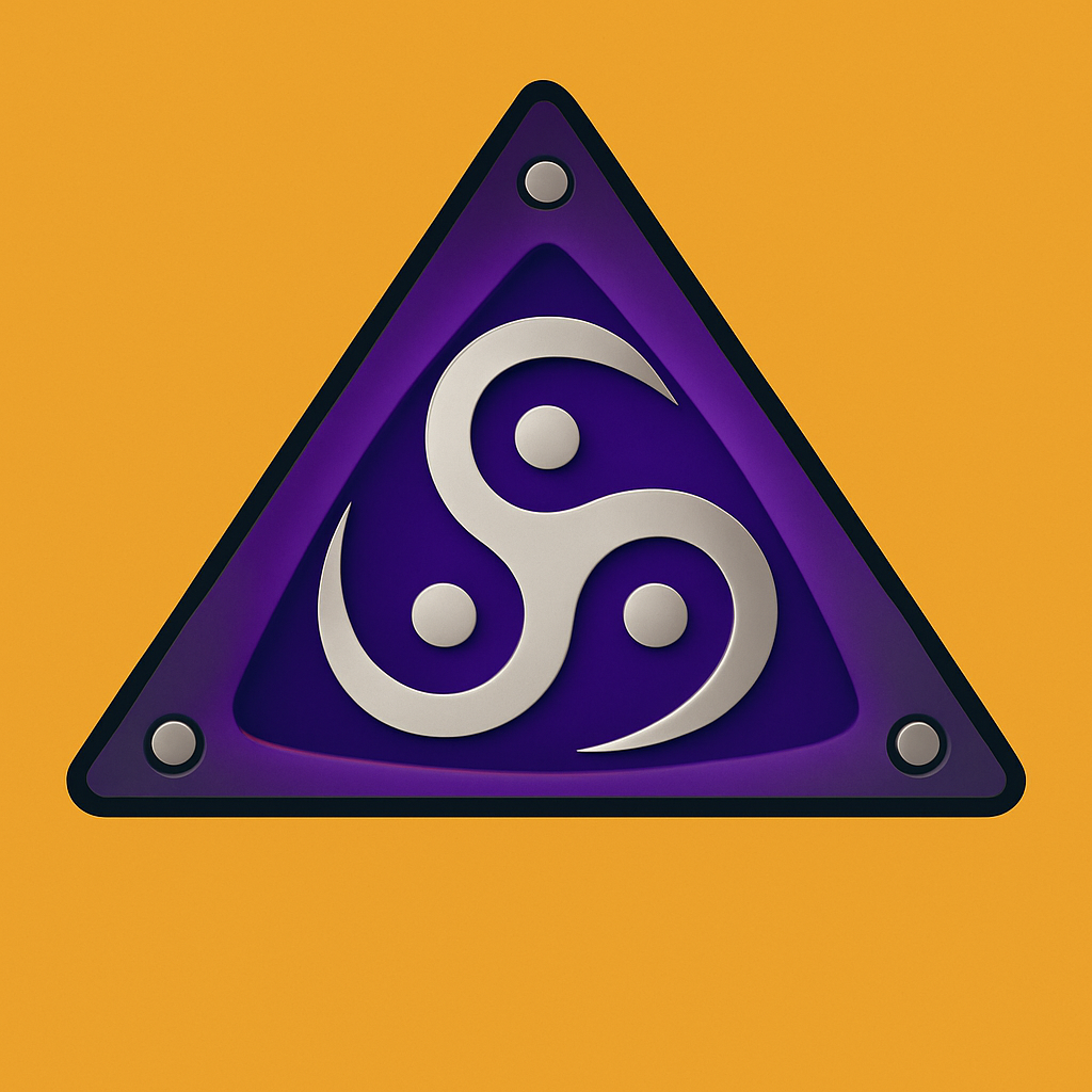 A triangle and inside is a silver pattern with 3 dots surrounded by a purple triangle then a black one.