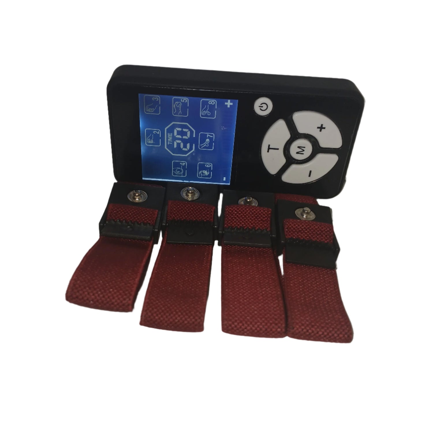 Image of an electrical stimulation unit with 4 adjustable cloth attachments.