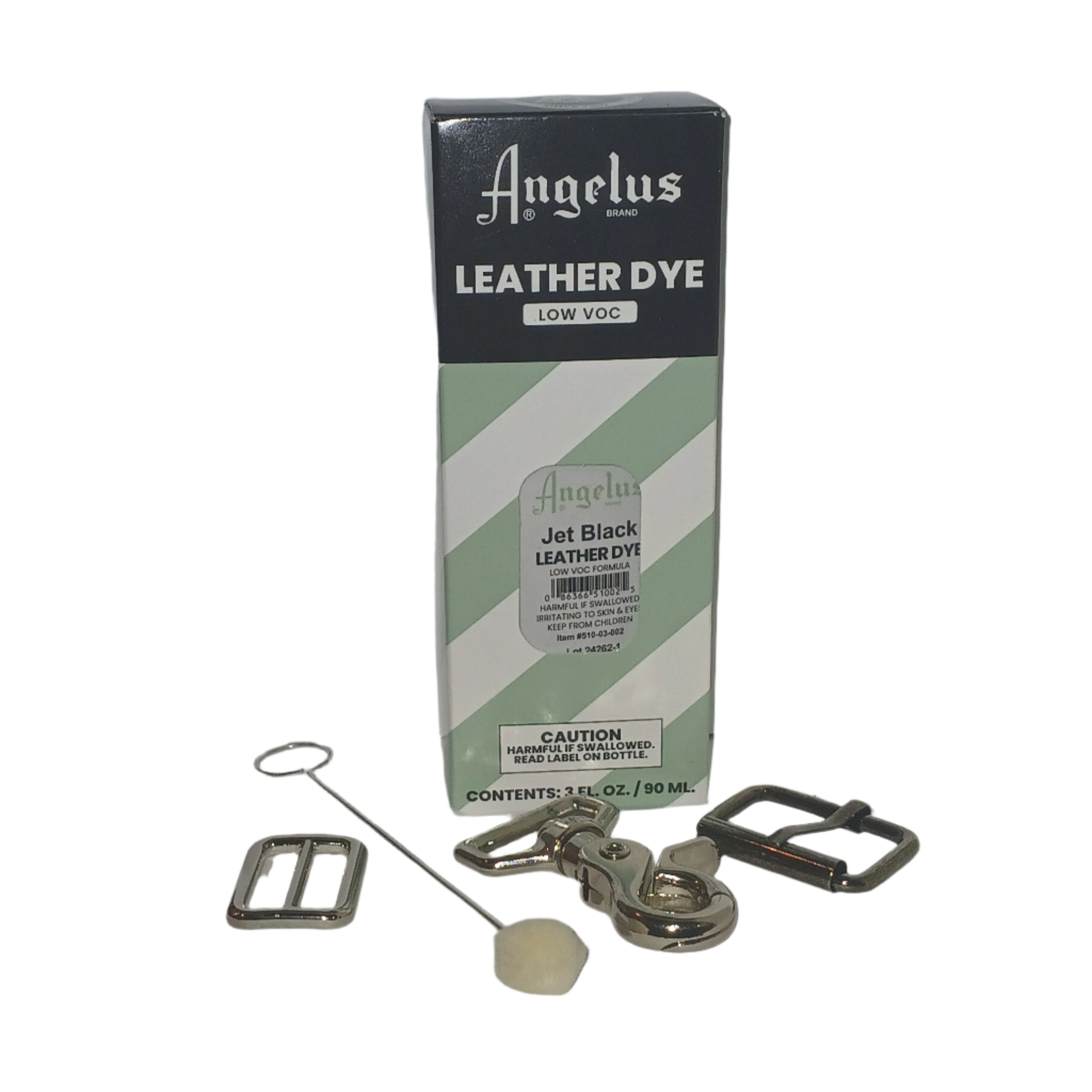 Miscellaneous parts used to repair harnesses, Dye, Buckle, Strap Slide, dauber for Dye and a snap.