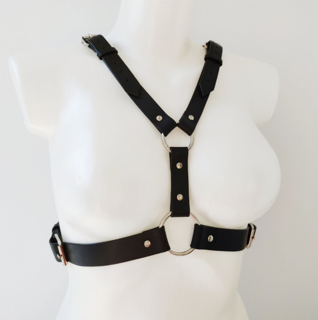 Picture of a women's bust wearing a leather harness