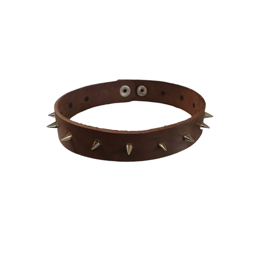 STLW 1" Brown Leather Collar 10mm (15) Chrome Spikes (L-16"-17")