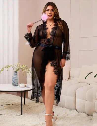 Red Sexy Mesh Eyelash Lace Long Nightgown with Belt