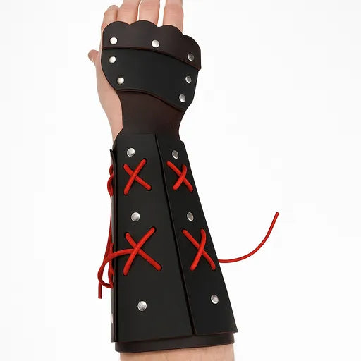 STLW Crux Vambrace – Medieval Leather Gauntlet (Black/Red) (Left & Right Sold Seperatly)