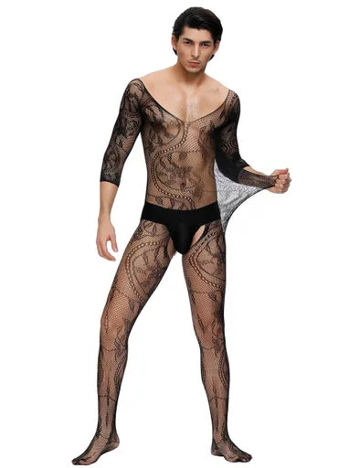 Fishnet & Lace Crotchless Floral Bodystockings For Men