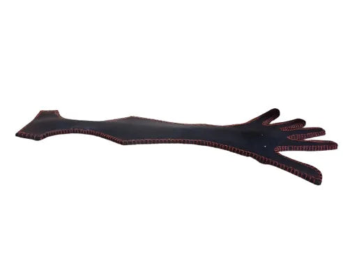 Black leather paddle with red stitching