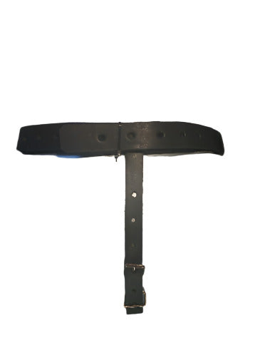 leather strap going up his backside to a belt