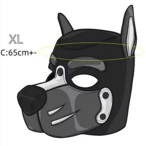 Black dog mask with measurement details on a white background