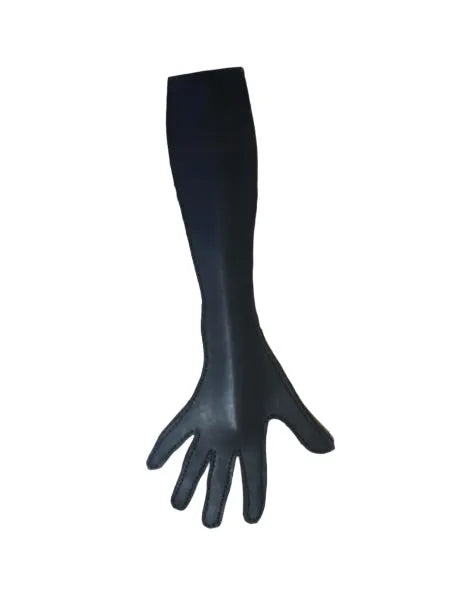 A black leather long arm paddle with a steel rod, designed for use in BDSM activities.